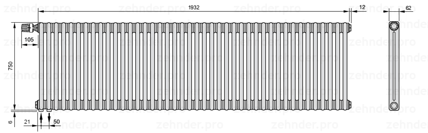 Схема (чертеж) Радиатор Zehnder Charleston 2075/42 №V001 Белый глянцевый RAL 9016